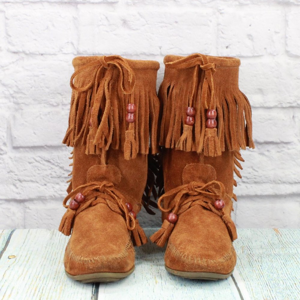 *Minnetonka Brown Suede Lace-up Pull On Fringe Moccasins Booties Size - Picture 4 of 9